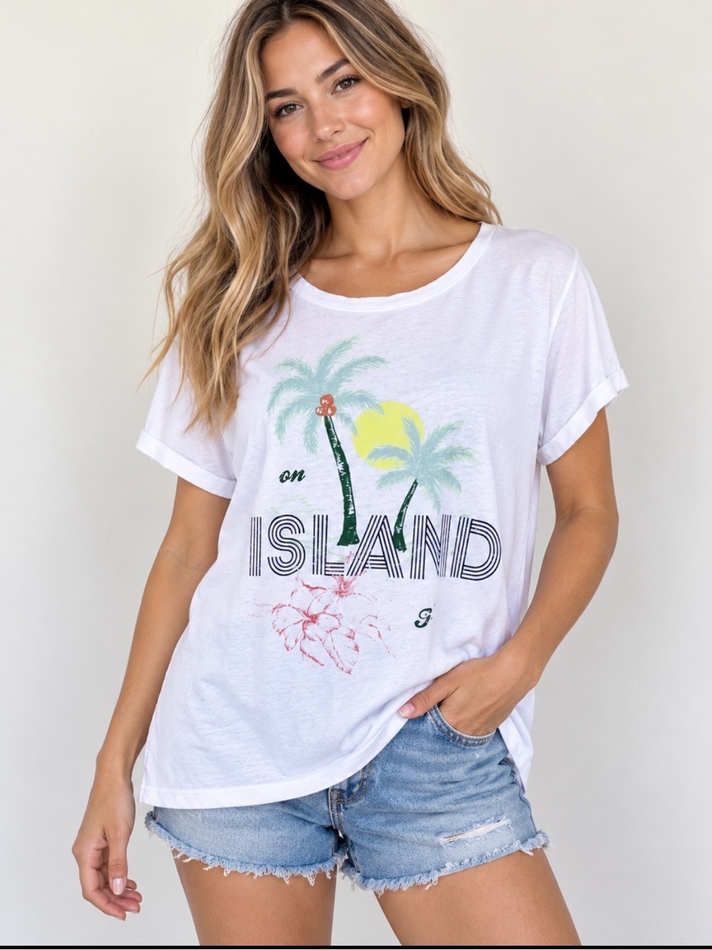 Lou & Grey LOFT Island Graphic Oversized Tee White Cotton Size M